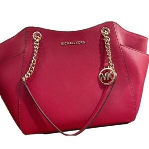 Michael Kors Red Leather Satchel Tote Shoulder Bag Purse Gold Chain Logo Charm